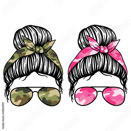 Women with with aviator glasses bandana and camouflage print. Mom skull with messy bun. Vector illustration.  Isolated on white background. Good for posters, t shirts, postcards.