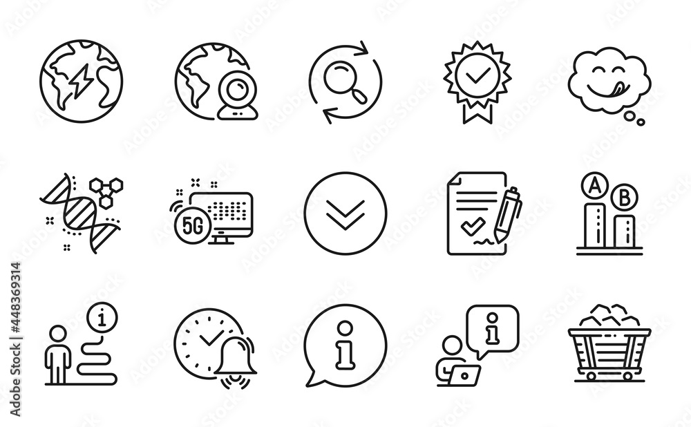 Technology icons set. Included icon as Scroll down, Ab testing, Yummy smile signs. Certificate, Video conference, 5g internet symbols. Approved agreement, Search, Electricity. Alarm bell. Vector Technology icons set. Included icon as Scroll down, Ab testing, Yummy smile signs. Certificate, Video conference, 5g internet symbols. Approved agreement, Search, Electricity. Alarm bell. Vector