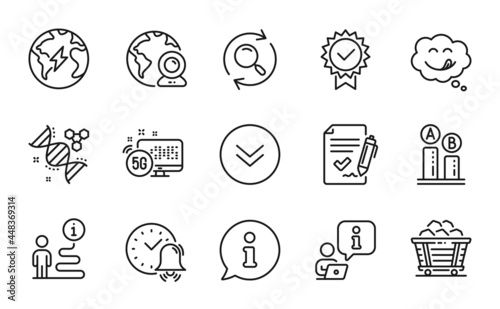 Technology icons set. Included icon as Scroll down, Ab testing, Yummy smile signs. Certificate, Video conference, 5g internet symbols. Approved agreement, Search, Electricity. Alarm bell. Vector