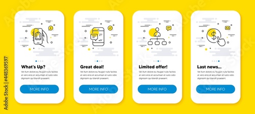 Vector set of Smartphone notification, Baggage app and Management line icons set. UI phone app screens with line icons. Buy currency icon. Chat message, Luggage claim, Agent. Money exchange. Vector
