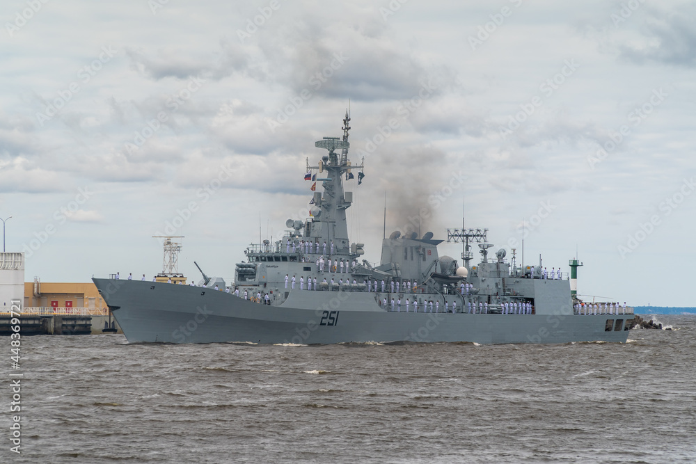 The military frigate of the Pakistani Navy Zulfikar passes near Kronstadt during the naval parade on July 25, 2021.