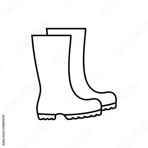 Rubber boots line icon. Pair of working boots. Personal protection equipment. Gardening boots outline. Construction industry gear. Waterproof rain footwear symbol. Vector illustration, flat, clip art.