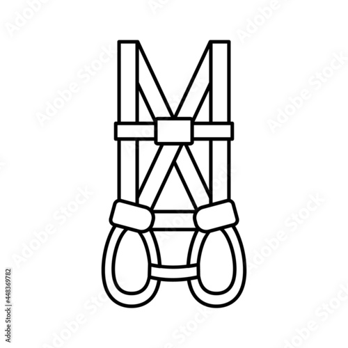 A full body harness line icon. Personal protection equipment. Height worker safety gear. Construction industry protective workwear. Fall and injury prevention. Vector illustration, flat, clip art.