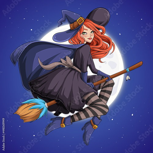 Hand drawn beautiful witch, redhead woman with hat on flying broom in night sky over full moon