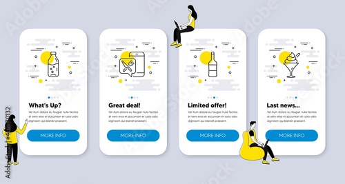 Set of Food and drink icons, such as Food app, Water bottle, Wine icons. UI phone app screens with people. Ice cream line symbols. Meal order, Soda drink, Merlot bottle. Sundae in glass. Vector