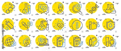 Medical healthcare, doctor line icons. Drug testing, scientific discovery and disease prevention signs. Chemical formula, medical doctor research, chemistry testing lab icons. Vector