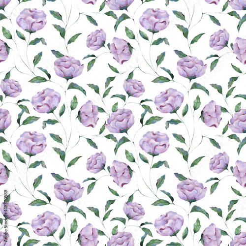 Fototapeta Naklejka Na Ścianę i Meble -  Seamless watercolor pattern of lilac peony flowers on a white background. Botanical illustration for packaging design, texture, fabric, wallpaper, website, postcard.