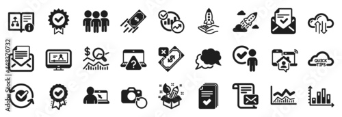 Set of Education icons, such as Trade infochart, Startup rocket, Mail correspondence icons. Fast payment, Group, Check investment signs. Work home, Verification person, Recovery photo. Vector