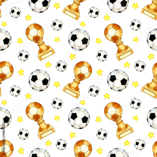 Watercolor illustration pattern of soccer ball, cup and stars. Seamless sports repeating print suitable for wallpapers, covers, wrappers, packaging, fabrics. Isolated over white background. Drawn