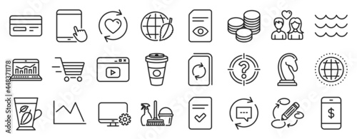 Set of line icons  such as Tips  Delivery shopping  Checked file icons. View document  Web analytics  Takeaway coffee signs. Waves  Line chart  Monitor settings. Household service  Globe. Vector