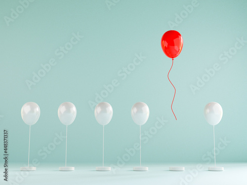 Red balloon floating out from blue balloons that are tied on blue background , Performance outstanding from crowd for different thinking , disruption and leadership by 3D rendering.