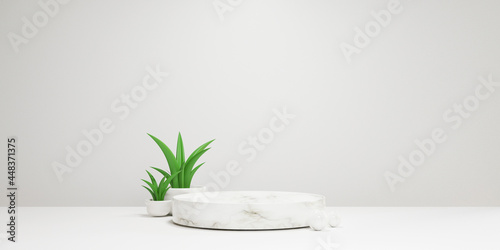 Minimal scene of cylinder marble podium in white background with green plant for product presentation , mock up and display cosmetic or stage pedestal concept by 3d render technique. photo