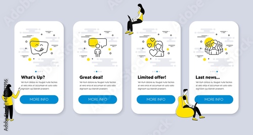 Set of People icons, such as Yummy smile, Love, Consulting business icons. UI phone app screens with people. Women group line symbols. Emoticon, Woman in love, Conference. Lady service. Vector