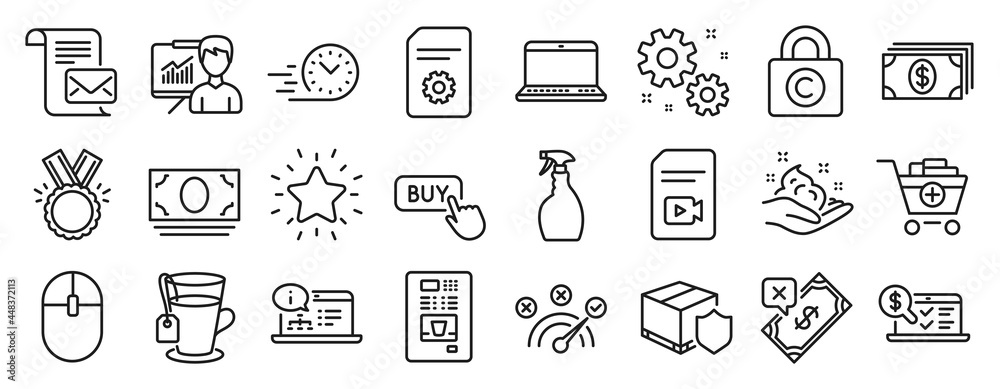 Set of line icons, such as Video file, Spray, Work icons. Copyright locker, Fast delivery, Computer mouse signs. Presentation, Online documentation, Online accounting. Banking, Cash money. Vector