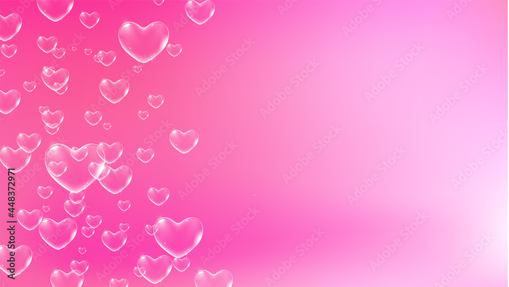 Cute pink background with white heart-shaped soap bubbles for Valentine card. Vector