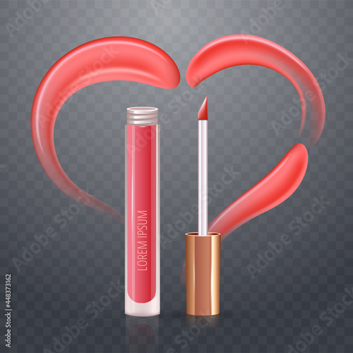 Pink heart of realistic vector cream or lipstick smears. Transparent background.