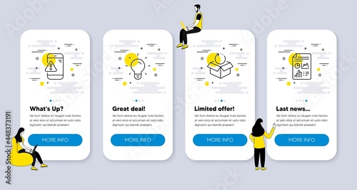Vector Set of Technology icons related to Return package, Warning message and Light bulb icons. UI phone app screens with people. Report document line symbols. Vector