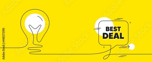 Best deal text. Continuous line idea chat bubble banner. Special offer Sale sign. Advertising Discounts symbol. Best deal chat message lightbulb. Idea light bulb yellow background. Vector