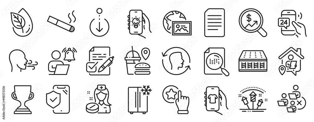 Set of Business icons, such as Face id, Phone insurance, Electric app icons. Fireworks rocket, Refrigerator, 24h service signs. Remove team, Mattress, Rate button. Fast food, Work home. Vector Set of Business icons, such as Face id, Phone insurance, Electric app icons. Fireworks rocket, Refrigerator, 24h service signs. Remove team, Mattress, Rate button. Fast food, Work home. Vector