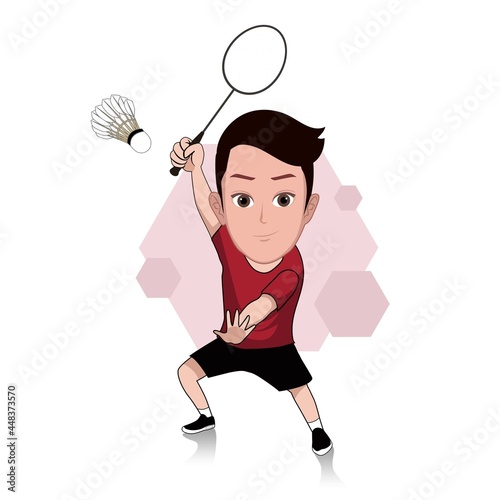 Cartoon carricature of a man playing badminton wearing a red shirt