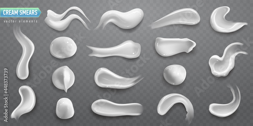 Set of realistic cosmetic cream smears. Skincare product of different body colors. Lotion smooth smear isolated vector texture on transparent background.