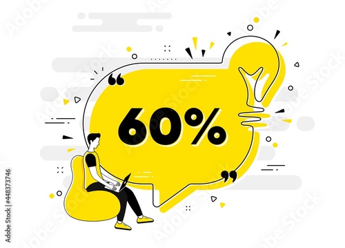 60 percent off Sale. Idea chat bubble banner with person. Discount offer price sign. Special offer symbol. Discount chat message lightbulb. Idea light bulb people background. Vector