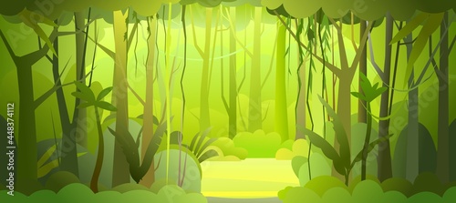 Jungle illustration. Dense wild-growing tropical plants with tall, branched trunks. Rainforest landscape. Glade. Flat design. Cartoon style. Vector