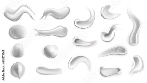 Set of realistic cosmetic cream smears. Skin toner of different body colors. Lotion smooth smear isolated vector texture on white background.