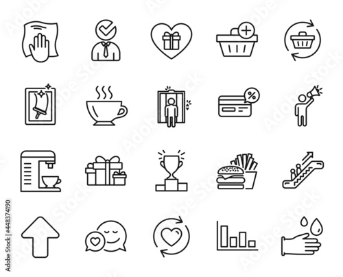 Vector set of Coffee, Add purchase and Burger line icons set. Escalator, Holiday presents and Romantic gift icons. Upload, Washing cloth and Update relationships signs. Coffee web symbol. Vector