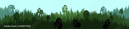 Coniferous forest silhouette. Wild trees. Pine, cedar, spruce, fir, larch. Siberian taiga. Beauty of harsh northern nature. Landscape is horizontal. Illustration vector