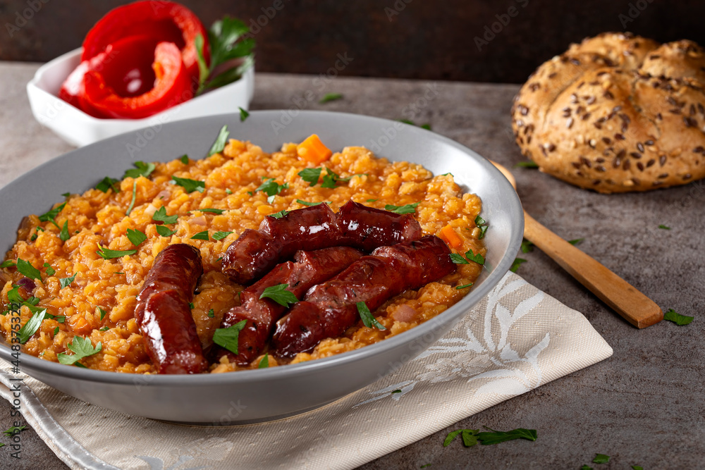 Lentils stew with fried pork sausages Lentils stew with fried pork sausages