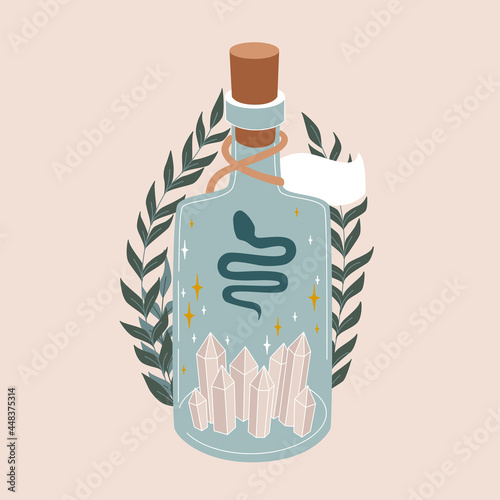 Magic blue bottle with snake, crystals, leaves. Vintage potion. Witchcraft art. Flat vector illustration in pastel colors. 