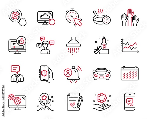 Vector Set of Technology icons related to User notification, Message and Employee hand icons. Calendar, Timer and Frying pan signs. Car, Recovery cloud and Shower. Cogwheel settings. Vector