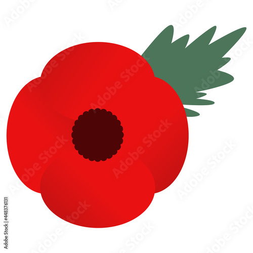 Red poppy and green leaf. Memory symbol. Design element for for Remembrance Day, Anzac Day. Vector illustration Isolated on white background