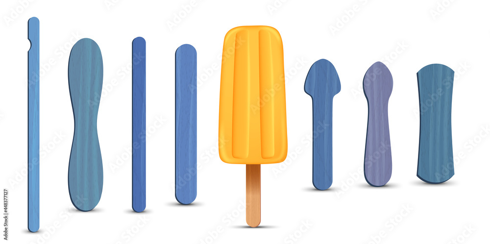 Set of realistic popsicle sticks. Banana ice cream 3D. Vector illustration, summer season. Set of realistic popsicle sticks. Banana ice cream 3D. Vector illustration, summer season.