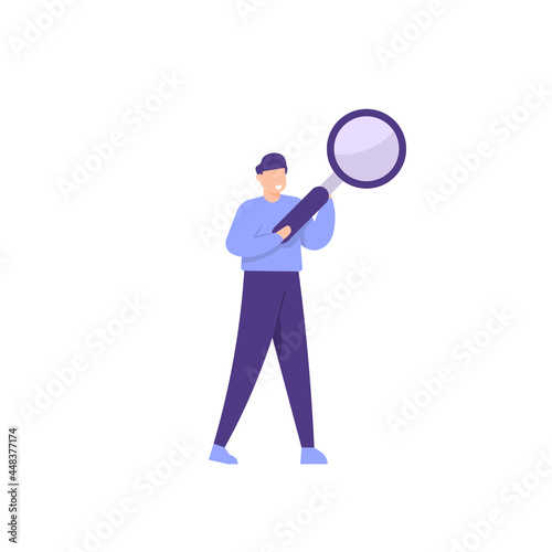 illustration of a man carrying or holding a magnifying glass. looking for something. the concept of finding new members or jobs. flat cartoon style. vector element design