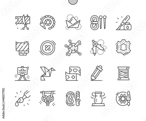 Crafts. Origami, painting, sewing, ceramics, needlework and other. Diy, kraft, handmade, hobby. Pixel Perfect Vector Thin Line Icons. Simple Minimal Pictogram
