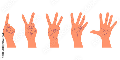 Cartoon set of counting hands. Hands show gestures one, two, three, four, five. Flat style vector illustration isolated on white background
