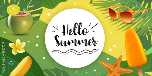 Vector Hello Summer Holiday typographic illustration with tropical palm leaves, frangipani flower, waterlmelon, ice cream, bananas. Web ad banner