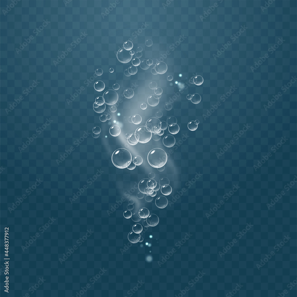 Realistic sparkling air bubbles in water. Bubbles fizzing under water. Transparent checkered background.