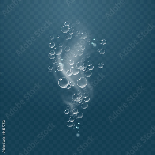 Realistic sparkling air bubbles in water. Bubbles fizzing under water. Transparent checkered background.