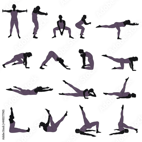 Set of silhouettes of woman practicing yoga stretching exercises. Vector shapes of girl doing yoga fitness workout. Set of yoga position icons. 