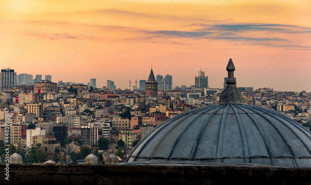 Fototapeta premium Beyoglu and Galata tower at sunset. Istanbul, Turkey