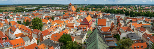 View on old town from belfly of St. Nikolai cathedral. University and Hanseatic City of Greifswald is a city in the state of Mecklenburg-Vorpommern, Germany.