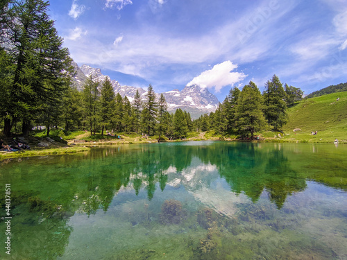 View of the scenic Blue Lake  Lago Blu  surrounded by a beautiful alpine landscape near Cervinia  Aosta Valley  Italy