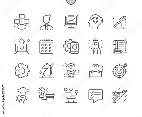 New business. Diagram and graphs. Work processes. Strategy, development, plan and scheduling. Launch project. Pixel Perfect Vector Thin Line Icons. Simple Minimal Pictogram