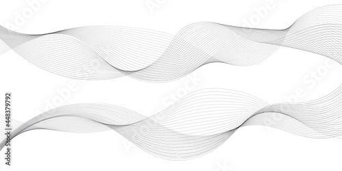 Undulate wave lines, frequency sound waves. Fractal dynamic swirl curves in motion, gray on white background. Vector illustration