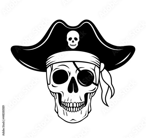 Pirate skull vector. Jolly roger skeleton. A dead head with a hat and an eye patch. Black and white silhouette.