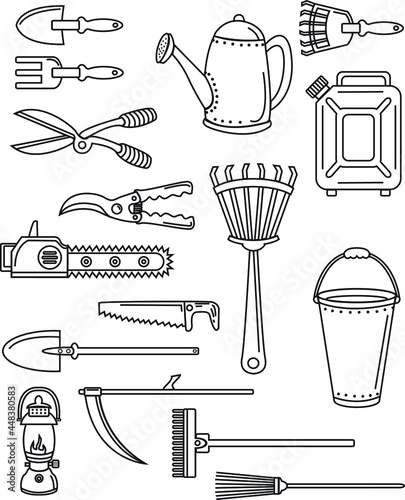 set outline various house gardening tools isolated in white background