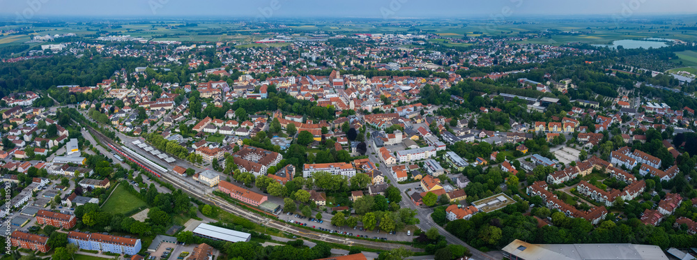Aerial view of the old town of the city Erding in Germany, Bavaria on a sunny spring day mrning.